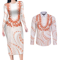 Aloha Lei Onaona Couples Matching Long Sleeve Bodycon Dress and Long Sleeve Button Shirt Red Hawaiian Tribal Pattern