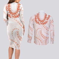 Aloha Lei Onaona Couples Matching Long Sleeve Bodycon Dress and Long Sleeve Button Shirt Red Hawaiian Tribal Pattern