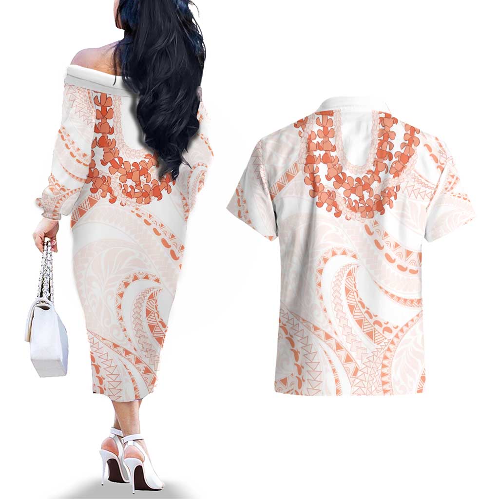 Aloha Lei Onaona Couples Matching Off The Shoulder Long Sleeve Dress and Hawaiian Shirt Red Hawaiian Tribal Pattern