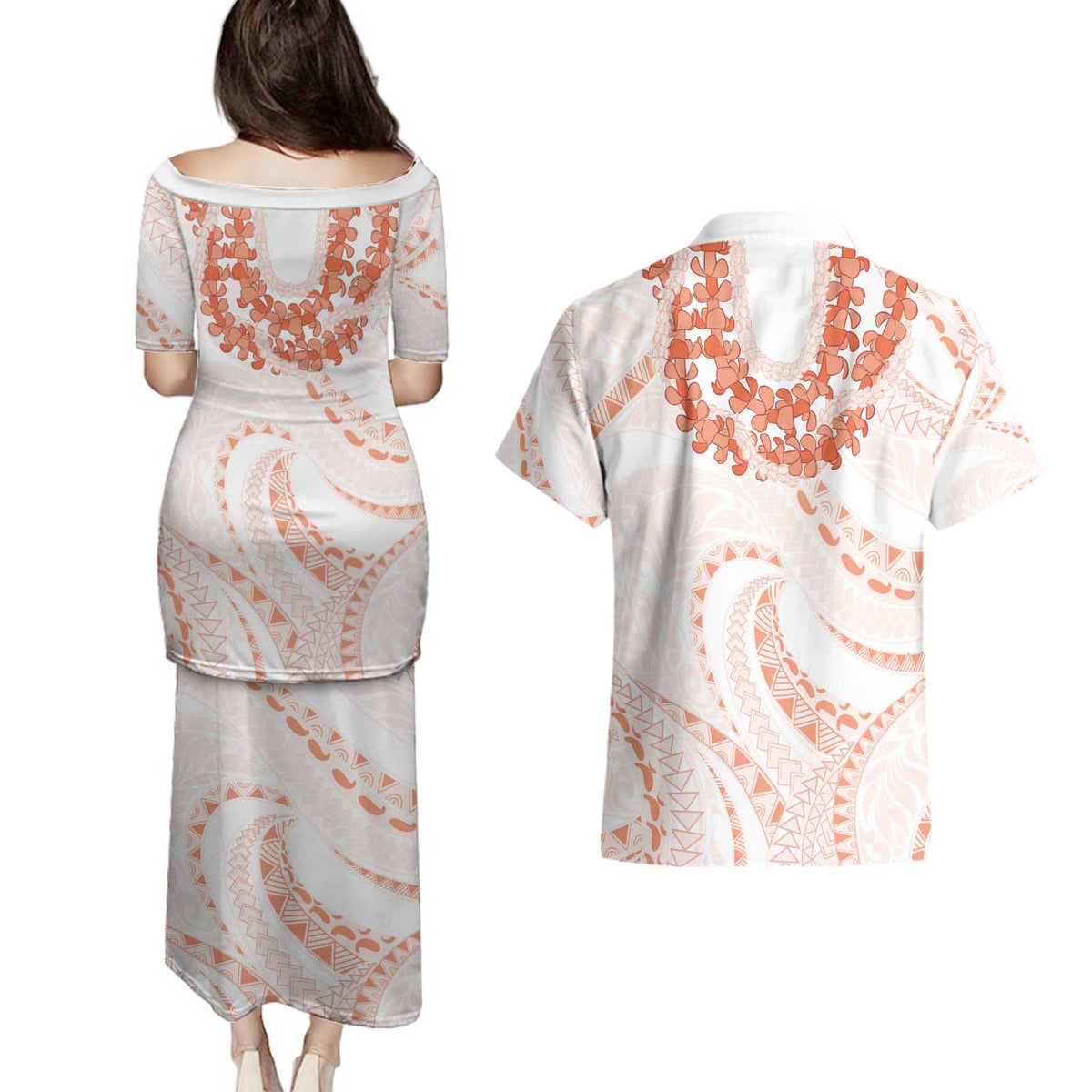 Aloha Lei Onaona Couples Matching Puletasi and Hawaiian Shirt Red Hawaiian Tribal Pattern