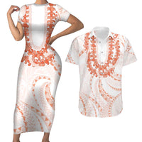 Aloha Lei Onaona Couples Matching Short Sleeve Bodycon Dress and Hawaiian Shirt Red Hawaiian Tribal Pattern