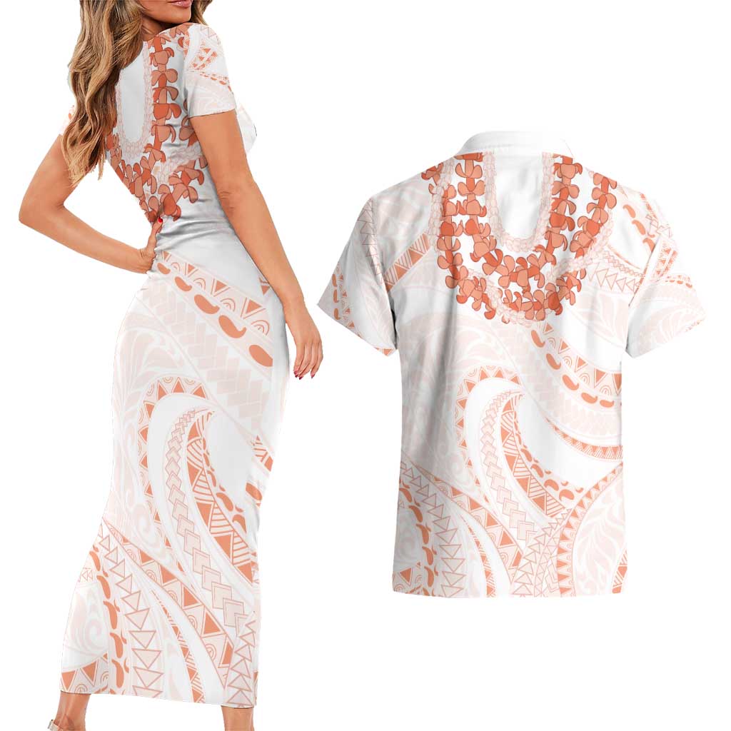 Aloha Lei Onaona Couples Matching Short Sleeve Bodycon Dress and Hawaiian Shirt Red Hawaiian Tribal Pattern