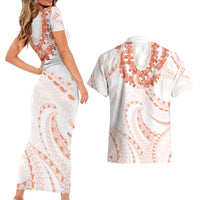 Aloha Lei Onaona Couples Matching Short Sleeve Bodycon Dress and Hawaiian Shirt Red Hawaiian Tribal Pattern