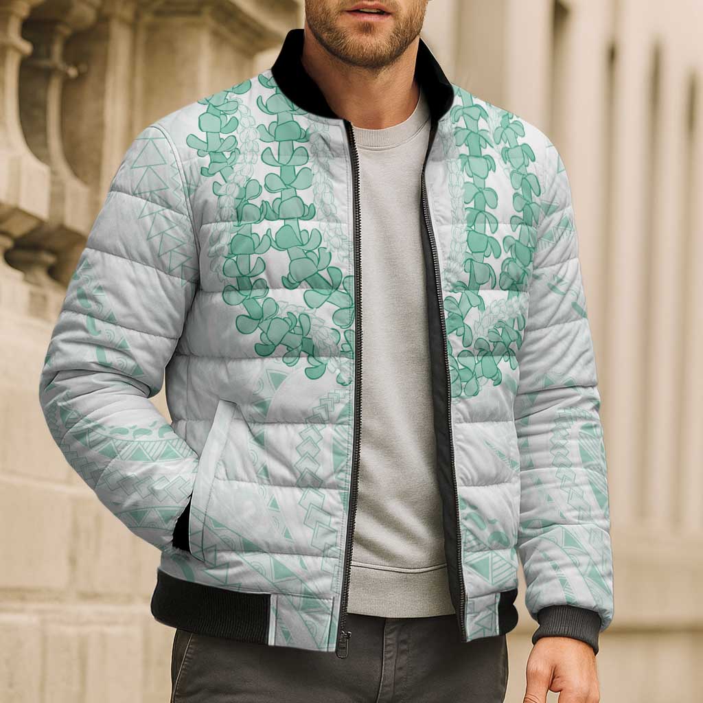 Aloha Lei Onaona Bomber Puffer Jacket Sage Green Hawaiian Tribal Pattern - Polynesian Pride