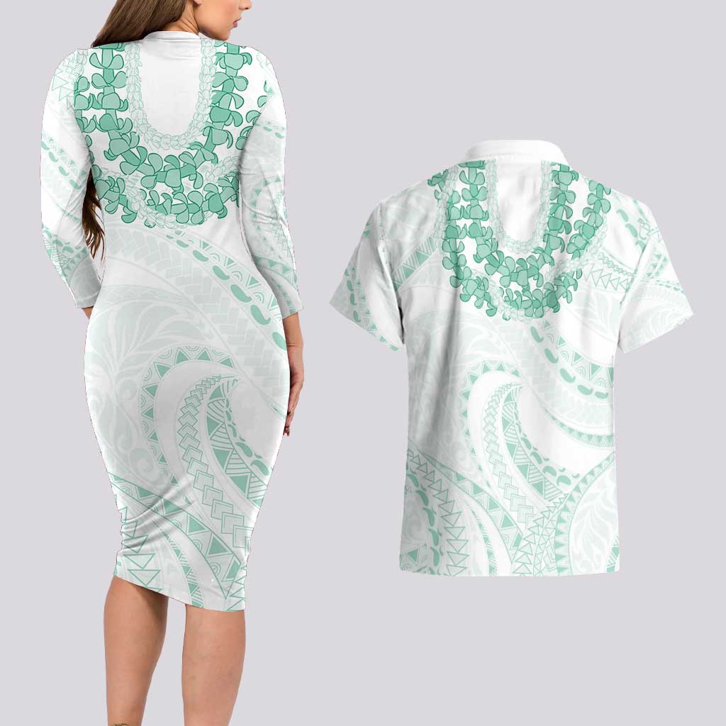 Aloha Lei Onaona Couples Matching Long Sleeve Bodycon Dress and Hawaiian Shirt Sage Green Hawaiian Tribal Pattern