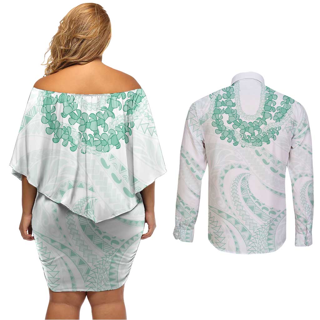 Aloha Lei Onaona Couples Matching Off Shoulder Short Dress and Long Sleeve Button Shirt Sage Green Hawaiian Tribal Pattern