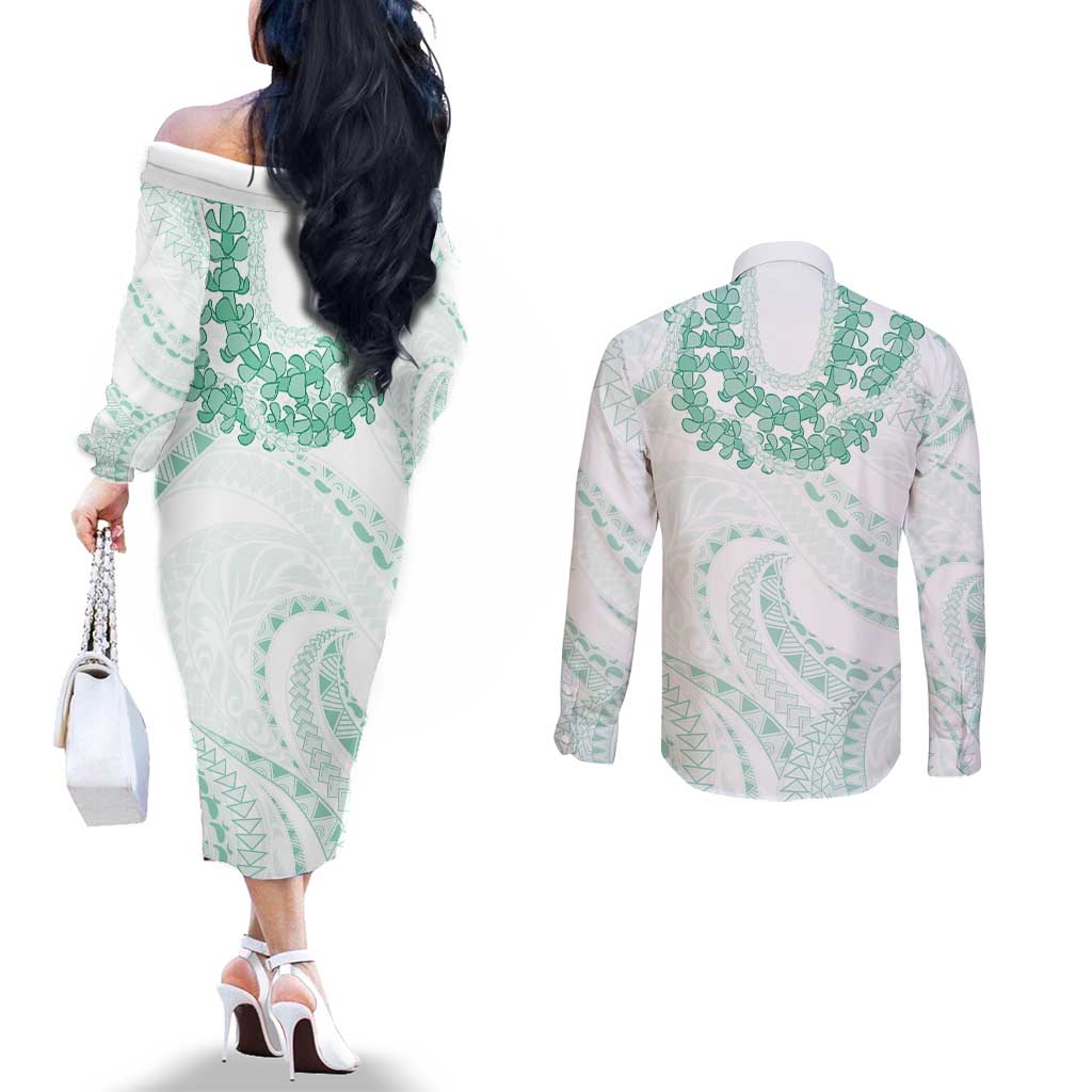Aloha Lei Onaona Couples Matching Off The Shoulder Long Sleeve Dress and Long Sleeve Button Shirt Sage Green Hawaiian Tribal Pattern