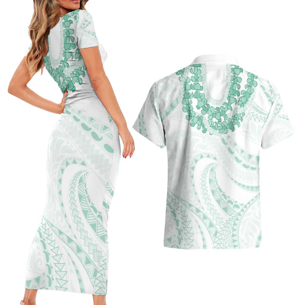 Aloha Lei Onaona Couples Matching Short Sleeve Bodycon Dress and Hawaiian Shirt Sage Green Hawaiian Tribal Pattern
