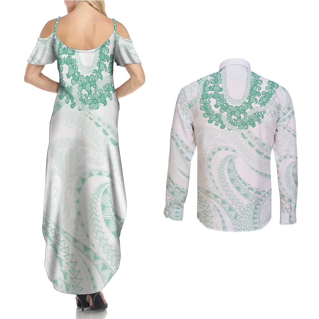 Aloha Lei Onaona Couples Matching Summer Maxi Dress and Long Sleeve Button Shirt Sage Green Hawaiian Tribal Pattern
