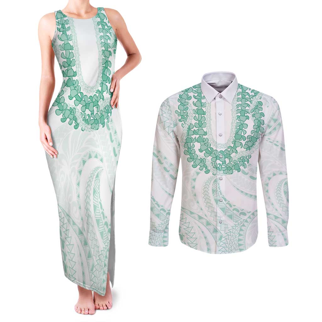 Aloha Lei Onaona Couples Matching Tank Maxi Dress and Long Sleeve Button Shirt Sage Green Hawaiian Tribal Pattern