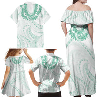Aloha Lei Onaona Family Matching Off Shoulder Maxi Dress and Hawaiian Shirt Sage Green Hawaiian Tribal Pattern
