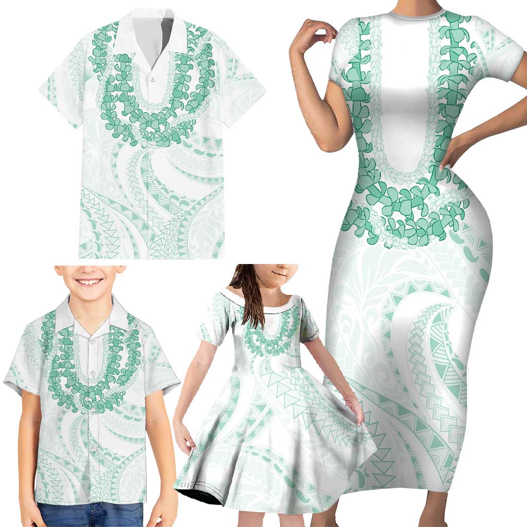 Aloha Lei Onaona Family Matching Short Sleeve Bodycon Dress and Hawaiian Shirt Sage Green Hawaiian Tribal Pattern