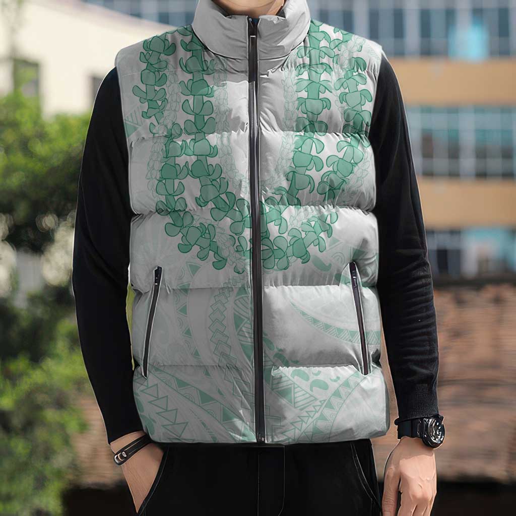 Aloha Lei Onaona Sleeveless Puffer Jacket Sage Green Hawaiian Tribal Pattern - Polynesian Pride