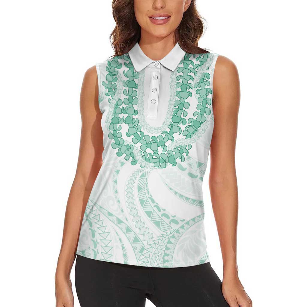 Aloha Lei Onaona Women Sleeveless Polo Shirt Sage Green Hawaiian Tribal Pattern