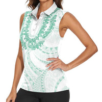 Aloha Lei Onaona Women Sleeveless Polo Shirt Sage Green Hawaiian Tribal Pattern