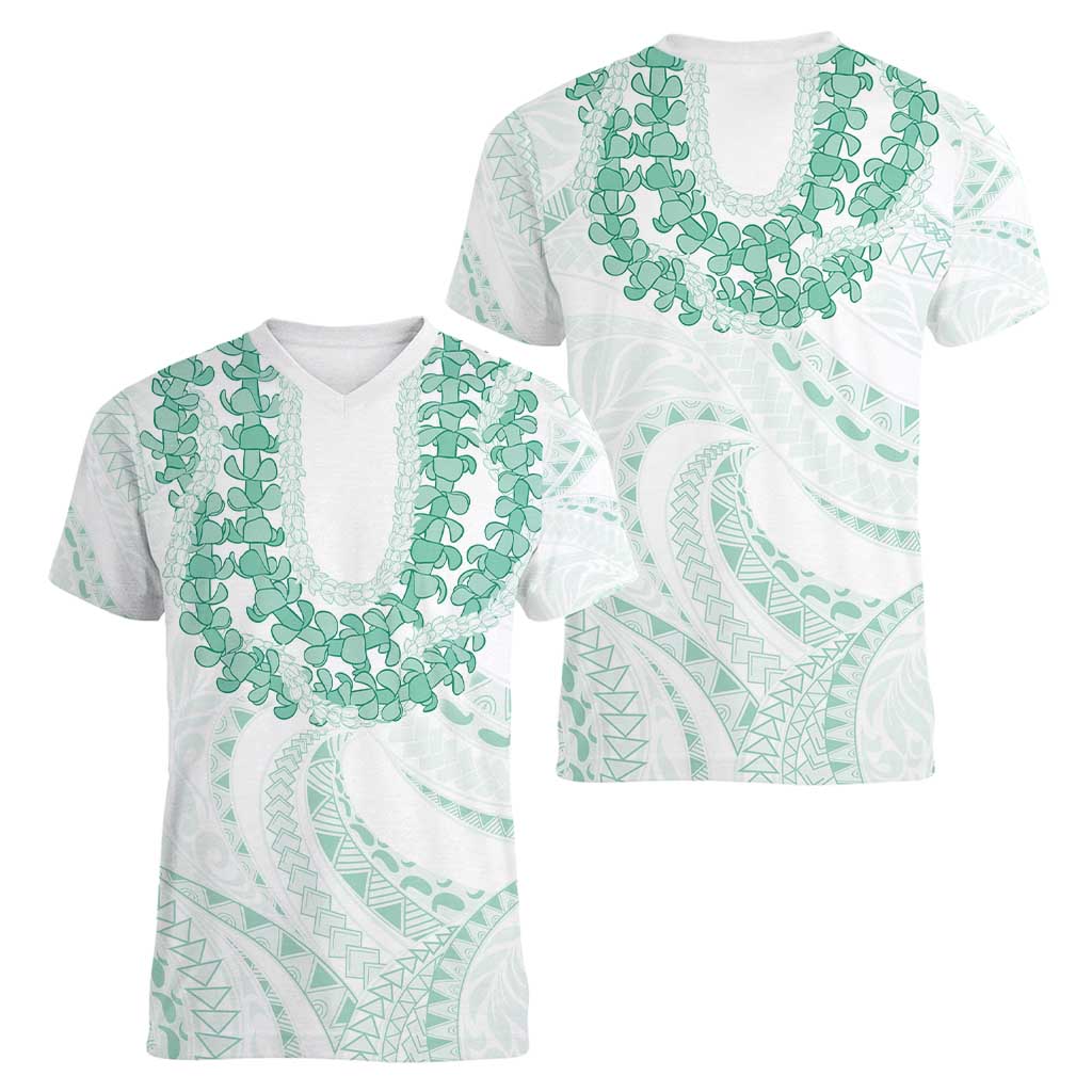 Aloha Lei Onaona Women V-Neck T-Shirt Sage Green Hawaiian Tribal Pattern
