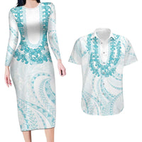Aloha Lei Onaona Couples Matching Long Sleeve Bodycon Dress and Hawaiian Shirt Teal Hawaiian Tribal Pattern
