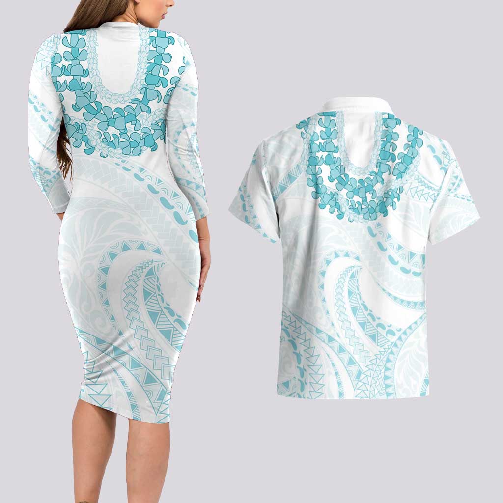 Aloha Lei Onaona Couples Matching Long Sleeve Bodycon Dress and Hawaiian Shirt Teal Hawaiian Tribal Pattern