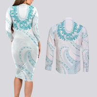 Aloha Lei Onaona Couples Matching Long Sleeve Bodycon Dress and Long Sleeve Button Shirt Teal Hawaiian Tribal Pattern