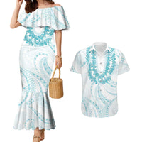 Aloha Lei Onaona Couples Matching Mermaid Dress and Hawaiian Shirt Teal Hawaiian Tribal Pattern