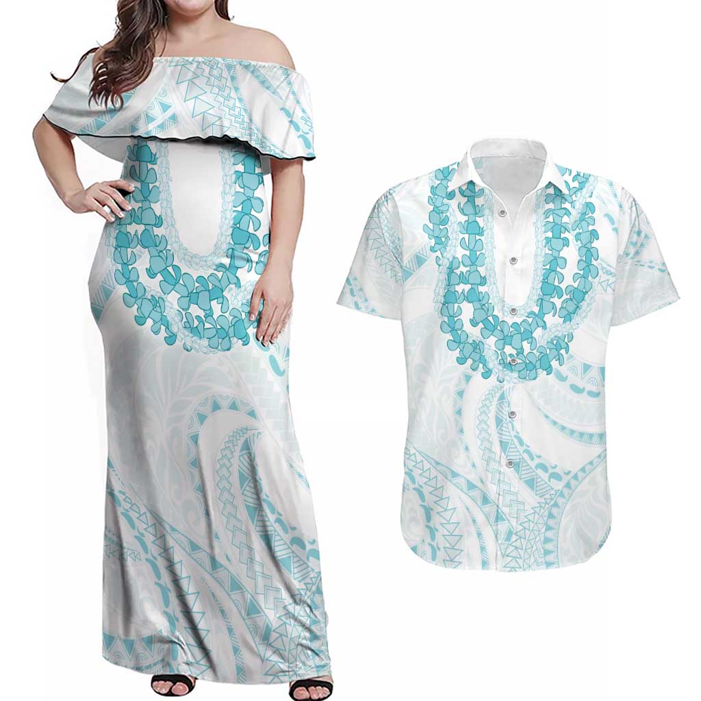 Aloha Lei Onaona Couples Matching Off Shoulder Maxi Dress and Hawaiian Shirt Teal Hawaiian Tribal Pattern