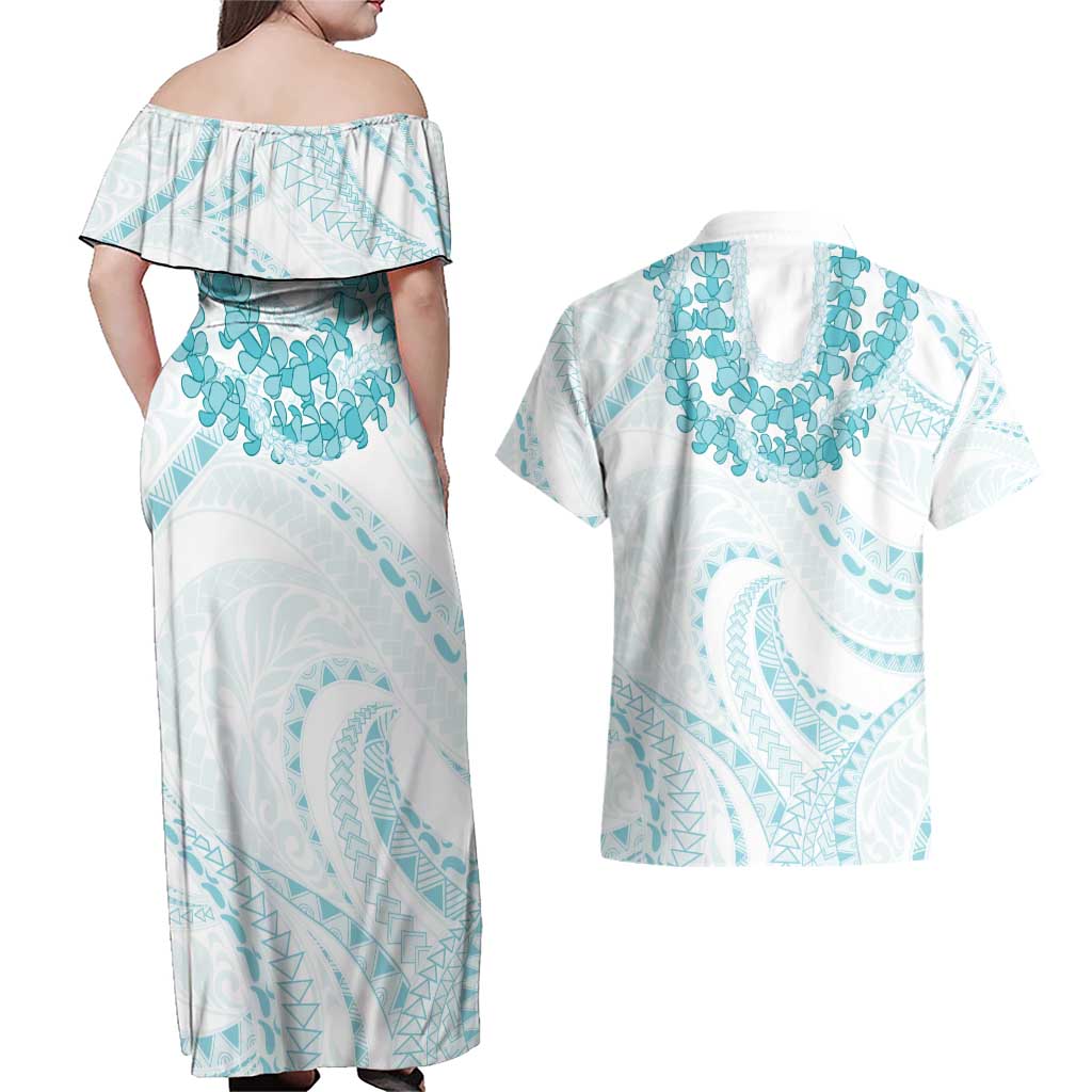 Aloha Lei Onaona Couples Matching Off Shoulder Maxi Dress and Hawaiian Shirt Teal Hawaiian Tribal Pattern