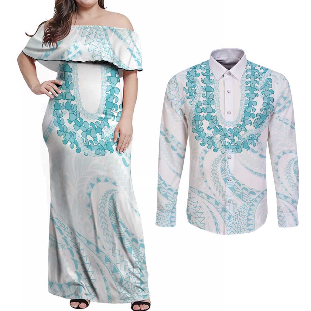 Aloha Lei Onaona Couples Matching Off Shoulder Maxi Dress and Long Sleeve Button Shirt Teal Hawaiian Tribal Pattern
