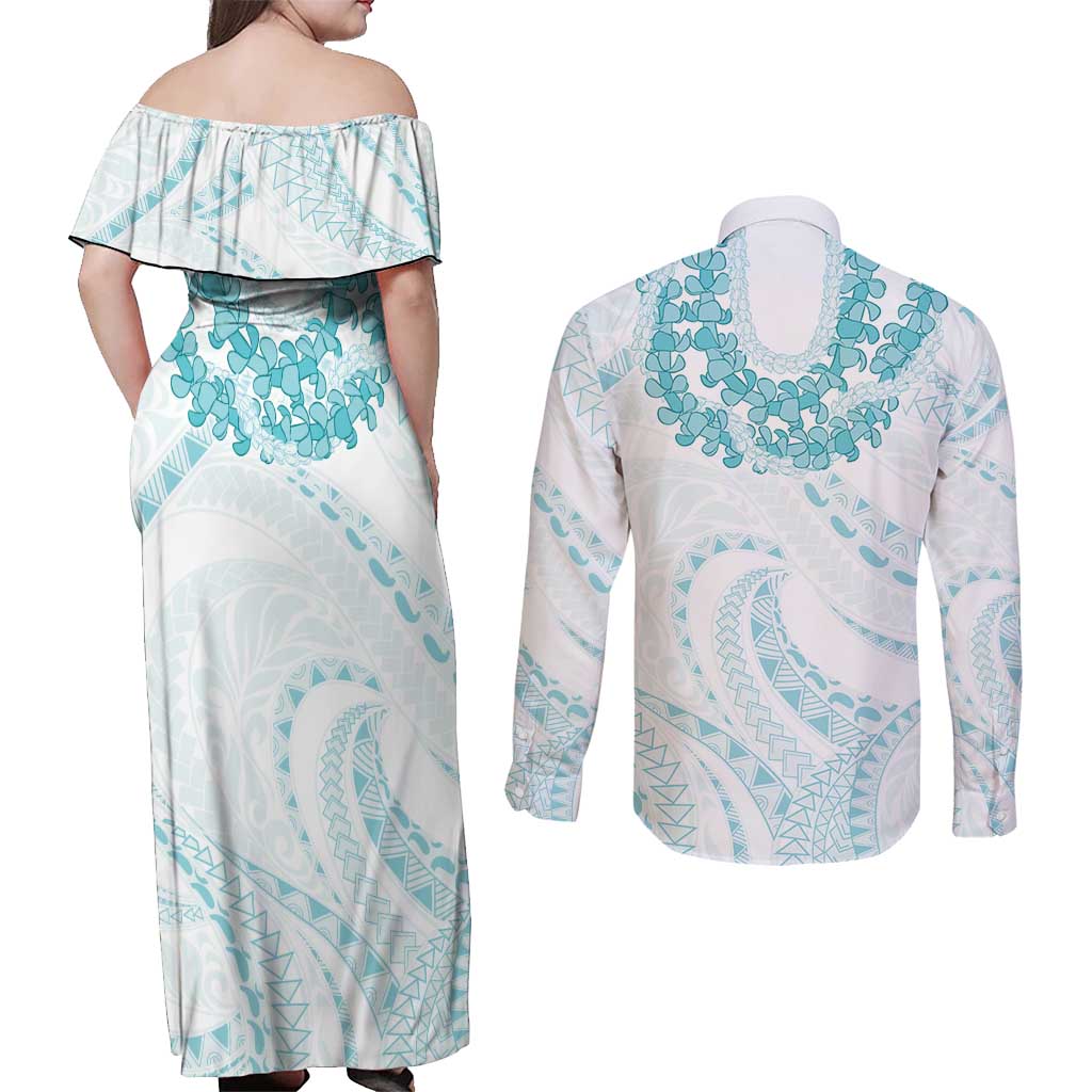 Aloha Lei Onaona Couples Matching Off Shoulder Maxi Dress and Long Sleeve Button Shirt Teal Hawaiian Tribal Pattern
