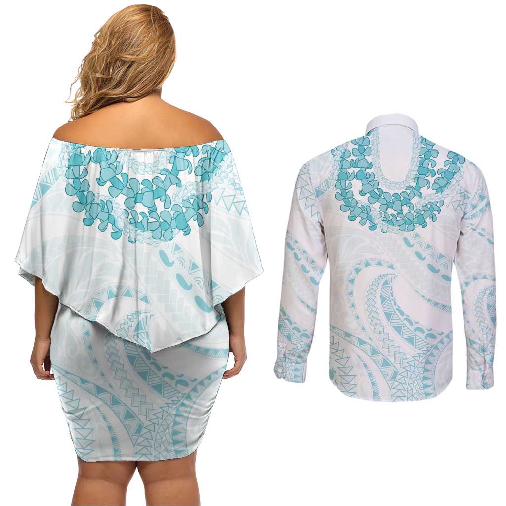 Aloha Lei Onaona Couples Matching Off Shoulder Short Dress and Long Sleeve Button Shirt Teal Hawaiian Tribal Pattern