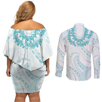 Aloha Lei Onaona Couples Matching Off Shoulder Short Dress and Long Sleeve Button Shirt Teal Hawaiian Tribal Pattern
