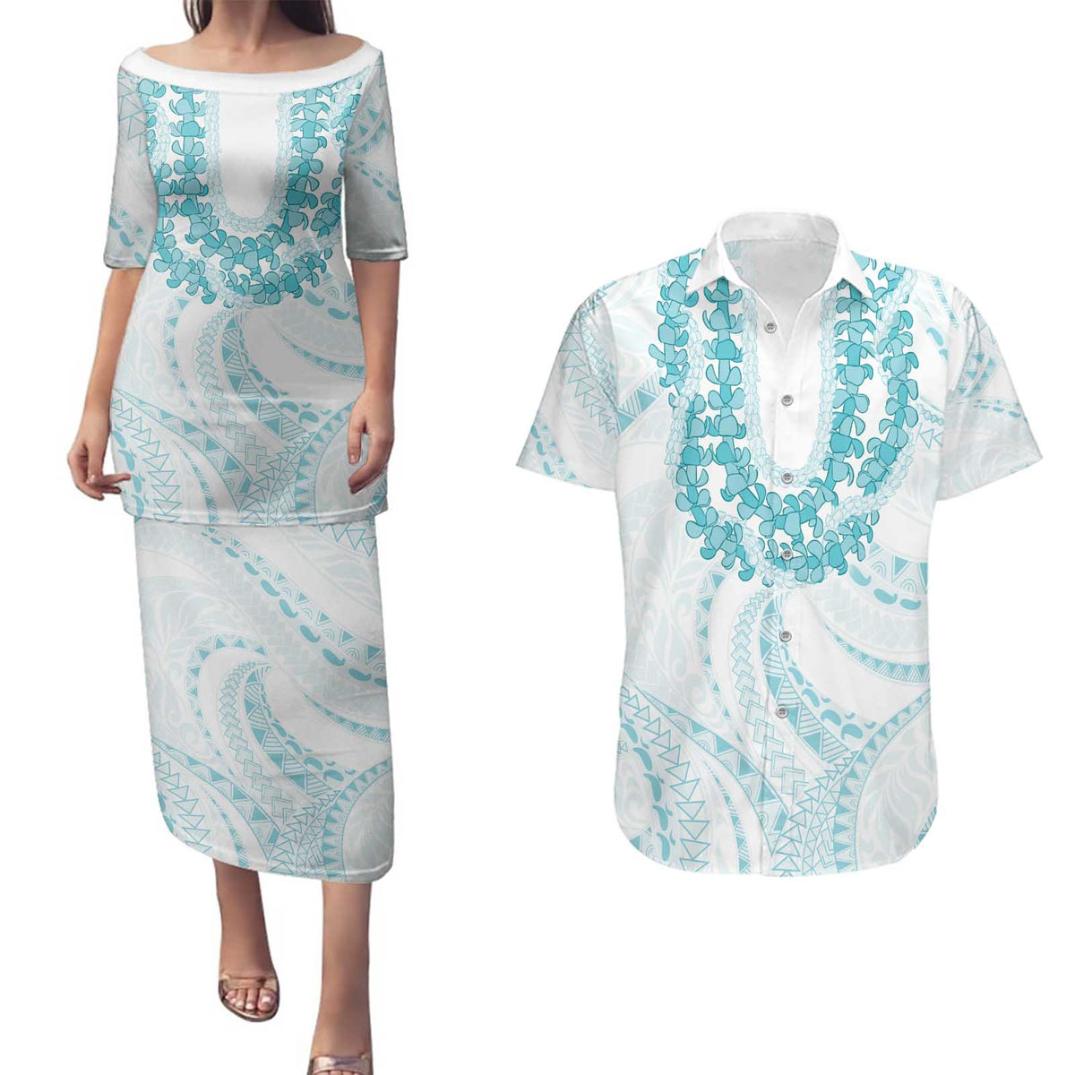 Aloha Lei Onaona Couples Matching Puletasi and Hawaiian Shirt Teal Hawaiian Tribal Pattern
