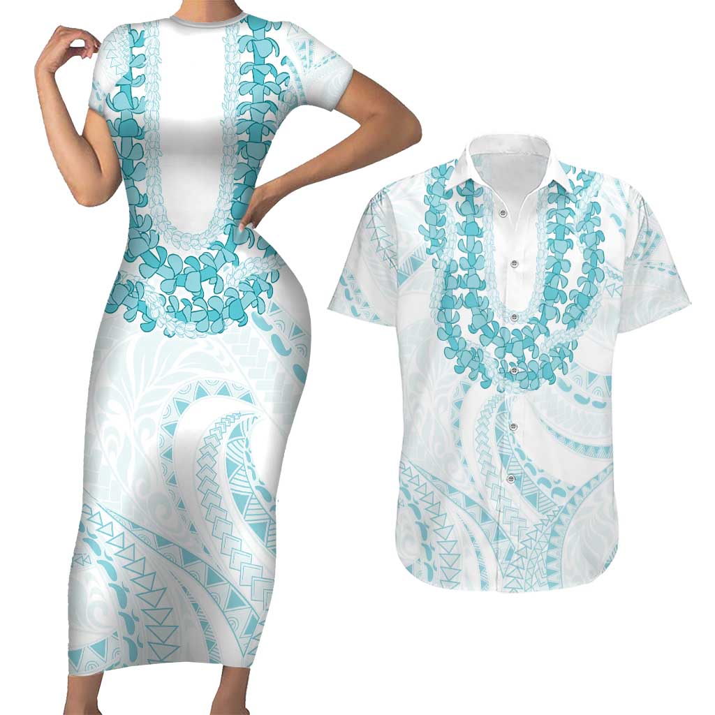 Aloha Lei Onaona Couples Matching Short Sleeve Bodycon Dress and Hawaiian Shirt Teal Hawaiian Tribal Pattern