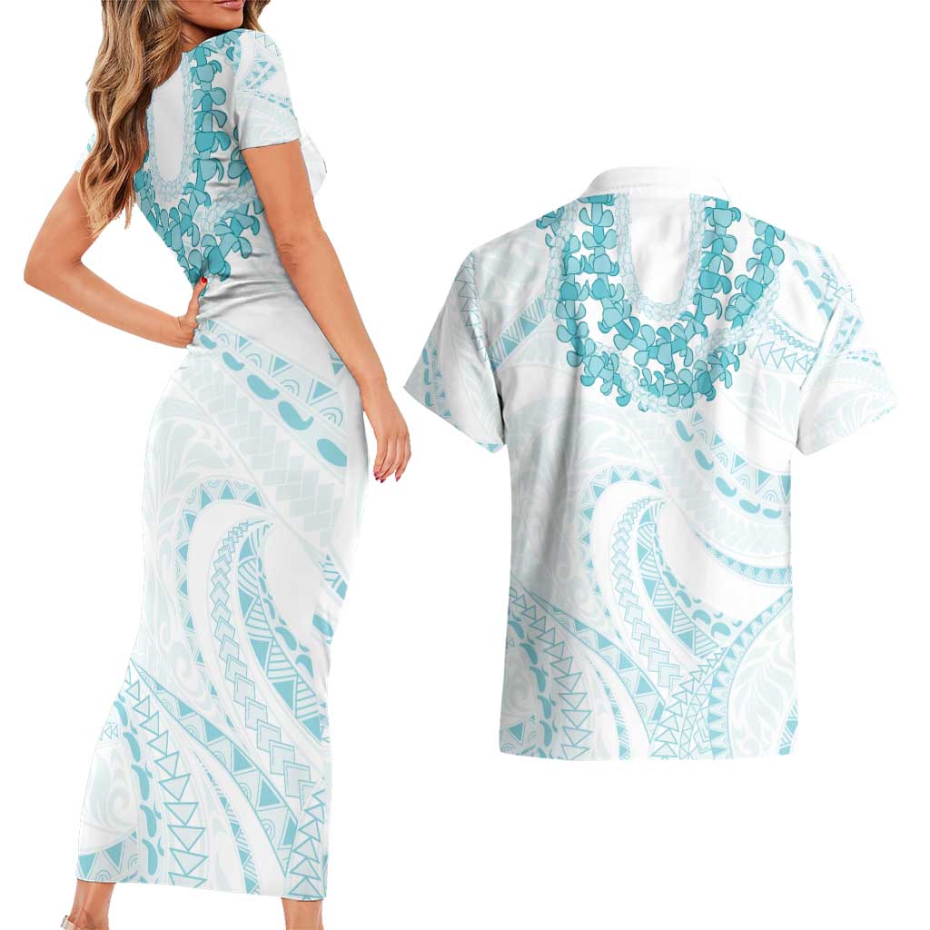 Aloha Lei Onaona Couples Matching Short Sleeve Bodycon Dress and Hawaiian Shirt Teal Hawaiian Tribal Pattern