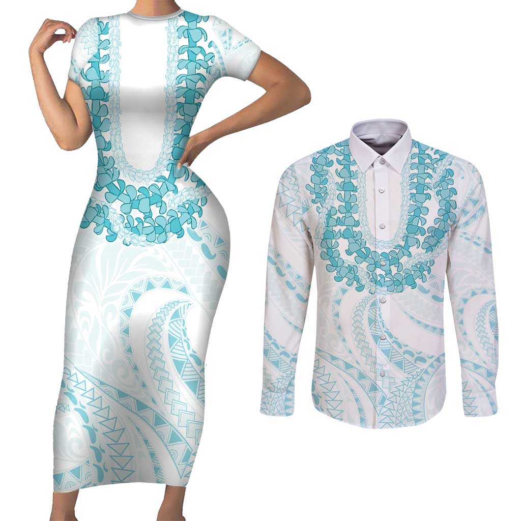 Aloha Lei Onaona Couples Matching Short Sleeve Bodycon Dress and Long Sleeve Button Shirt Teal Hawaiian Tribal Pattern