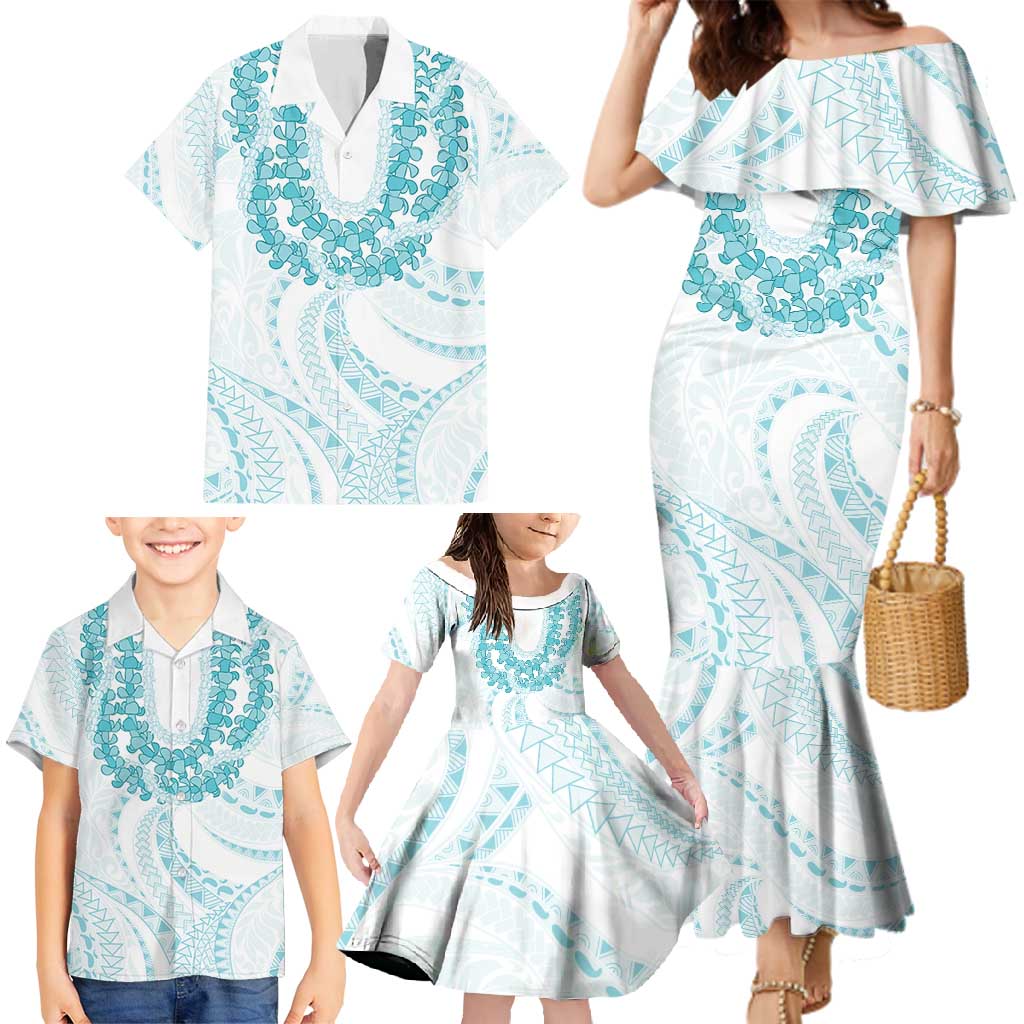 Aloha Lei Onaona Family Matching Mermaid Dress and Hawaiian Shirt Teal Hawaiian Tribal Pattern