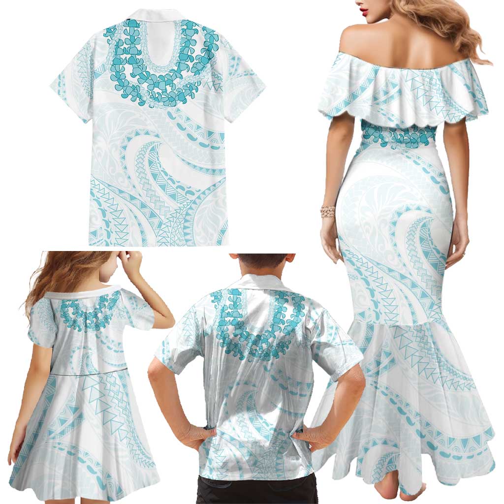 Aloha Lei Onaona Family Matching Mermaid Dress and Hawaiian Shirt Teal Hawaiian Tribal Pattern