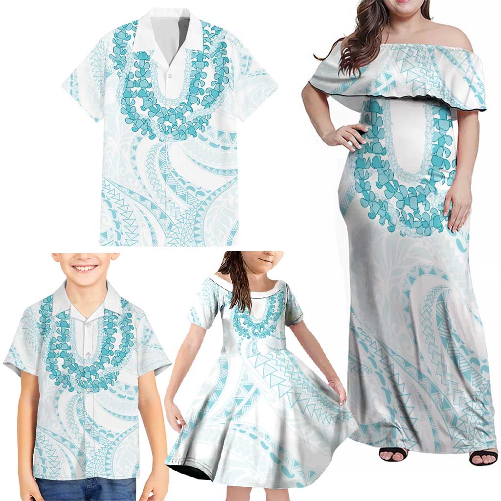 Aloha Lei Onaona Family Matching Off Shoulder Maxi Dress and Hawaiian Shirt Teal Hawaiian Tribal Pattern