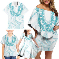 Aloha Lei Onaona Family Matching Off Shoulder Short Dress and Hawaiian Shirt Teal Hawaiian Tribal Pattern