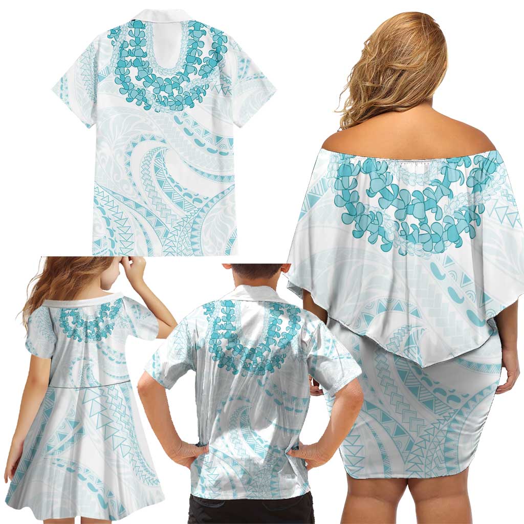 Aloha Lei Onaona Family Matching Off Shoulder Short Dress and Hawaiian Shirt Teal Hawaiian Tribal Pattern