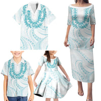 Aloha Lei Onaona Family Matching Puletasi and Hawaiian Shirt Teal Hawaiian Tribal Pattern