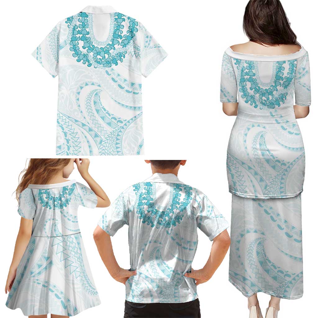 Aloha Lei Onaona Family Matching Puletasi and Hawaiian Shirt Teal Hawaiian Tribal Pattern