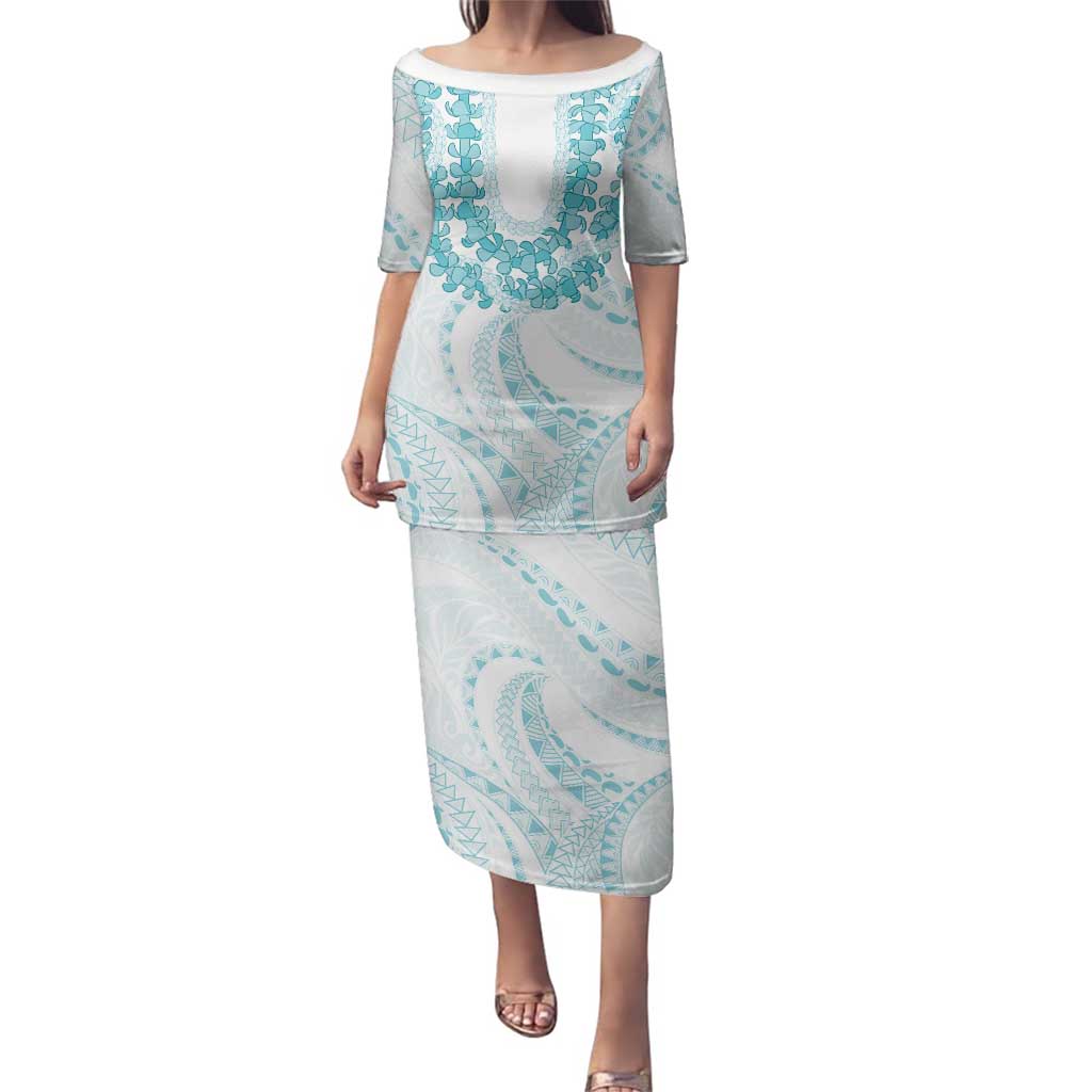 Aloha Lei Onaona Family Matching Puletasi and Hawaiian Shirt Teal Hawaiian Tribal Pattern