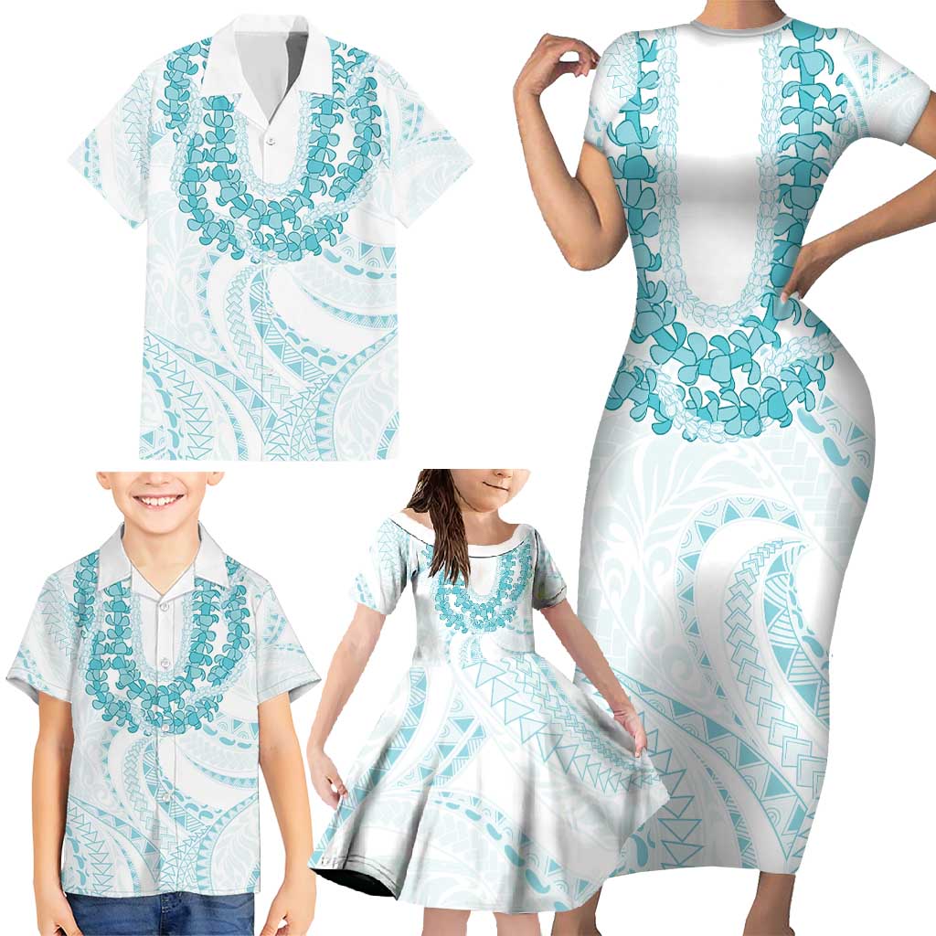 Aloha Lei Onaona Family Matching Short Sleeve Bodycon Dress and Hawaiian Shirt Teal Hawaiian Tribal Pattern
