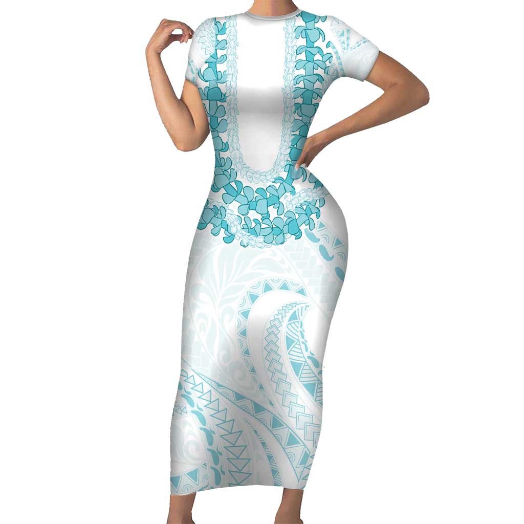 Aloha Lei Onaona Family Matching Short Sleeve Bodycon Dress and Hawaiian Shirt Teal Hawaiian Tribal Pattern