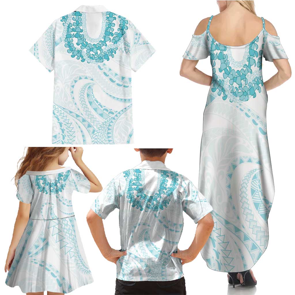 Aloha Lei Onaona Family Matching Summer Maxi Dress and Hawaiian Shirt Teal Hawaiian Tribal Pattern