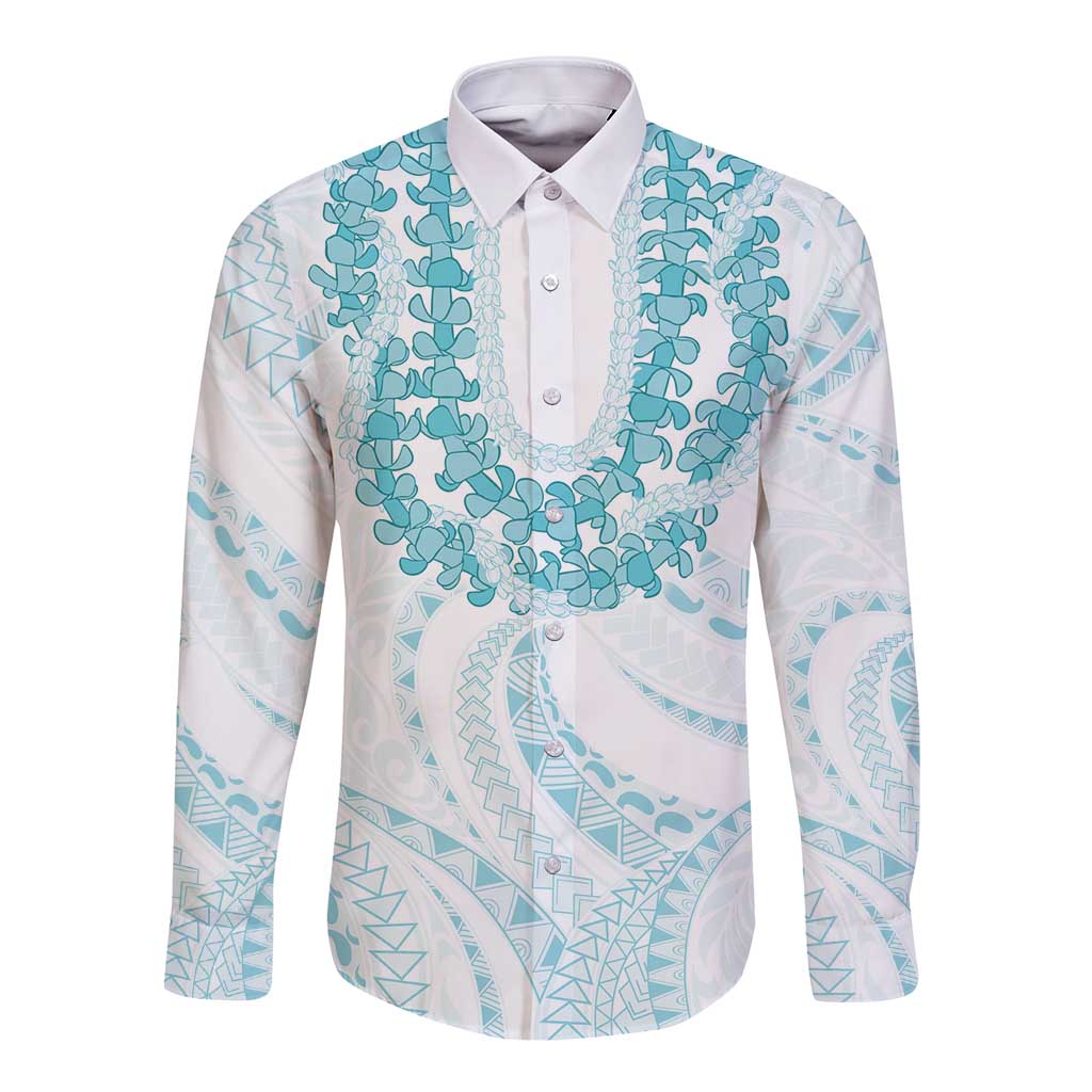 Aloha Lei Onaona Long Sleeve Button Shirt Teal Hawaiian Tribal Pattern