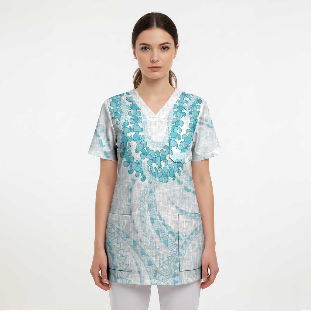 Aloha Lei Onaona Scrub Top Teal Hawaiian Tribal Pattern - Polynesian Pride