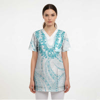 Aloha Lei Onaona Scrub Top Teal Hawaiian Tribal Pattern - Polynesian Pride