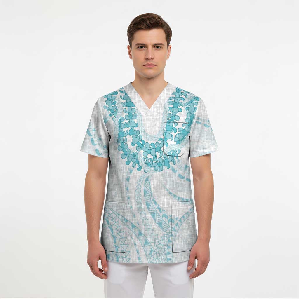Aloha Lei Onaona Scrub Top Teal Hawaiian Tribal Pattern - Polynesian Pride