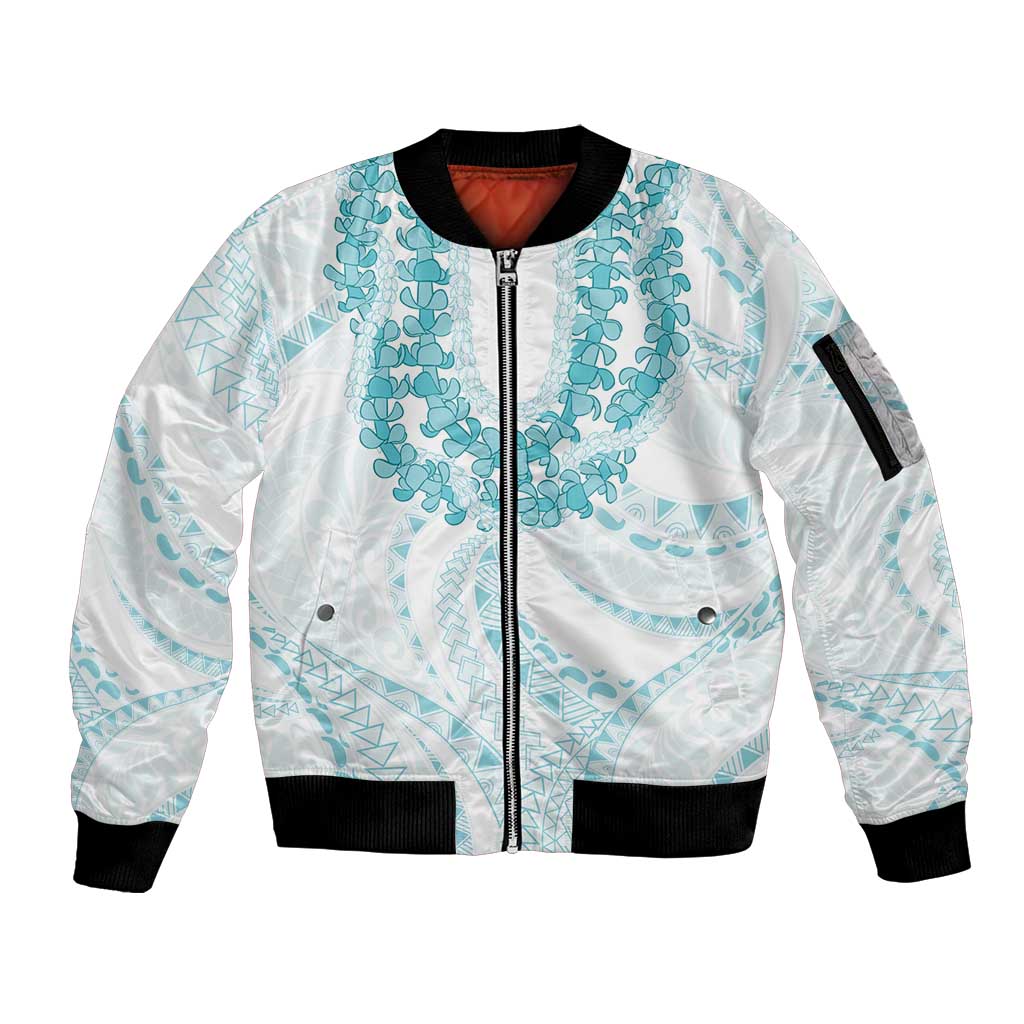 Aloha Lei Onaona Sleeve Zip Bomber Jacket Teal Hawaiian Tribal Pattern